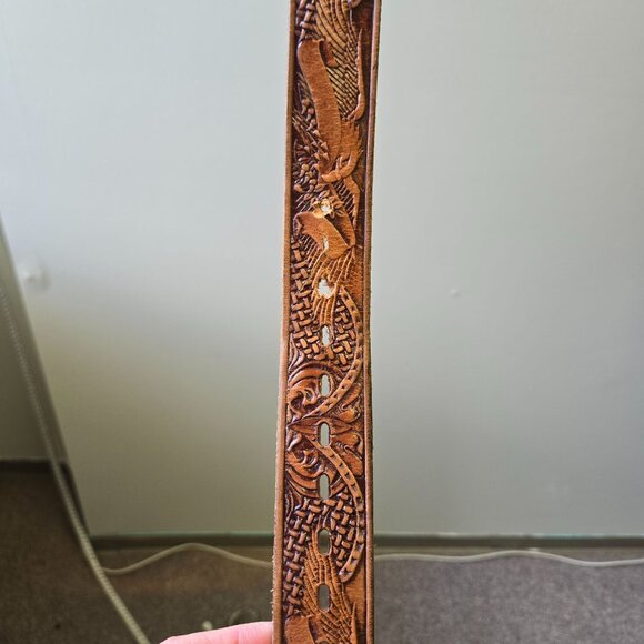 Western Tooled Leather Belt W/ Eagle Design 44" 1.5" Wide Top Grain Leather Bras - Picture 6 of 8